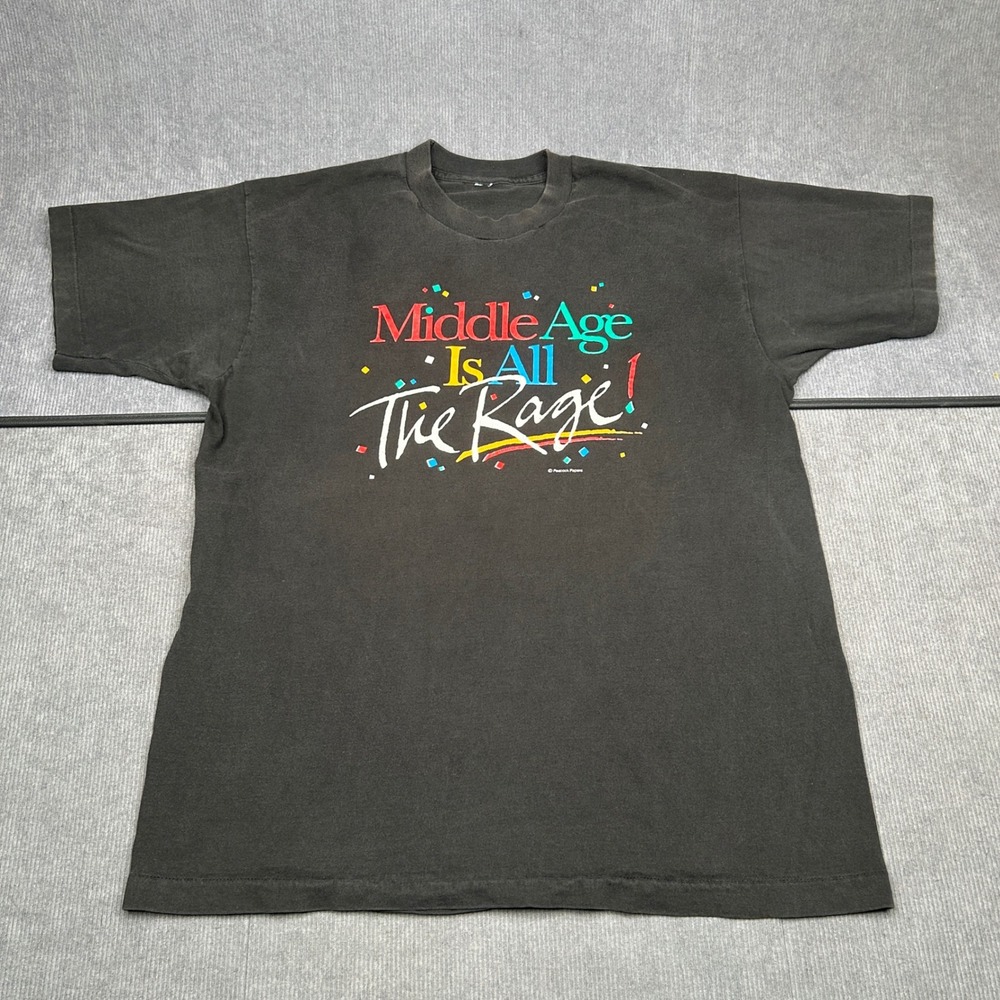 Peacock Papers Middle Age Is All The Rage y2k T-Shirt Black Graphic Vintage 90s